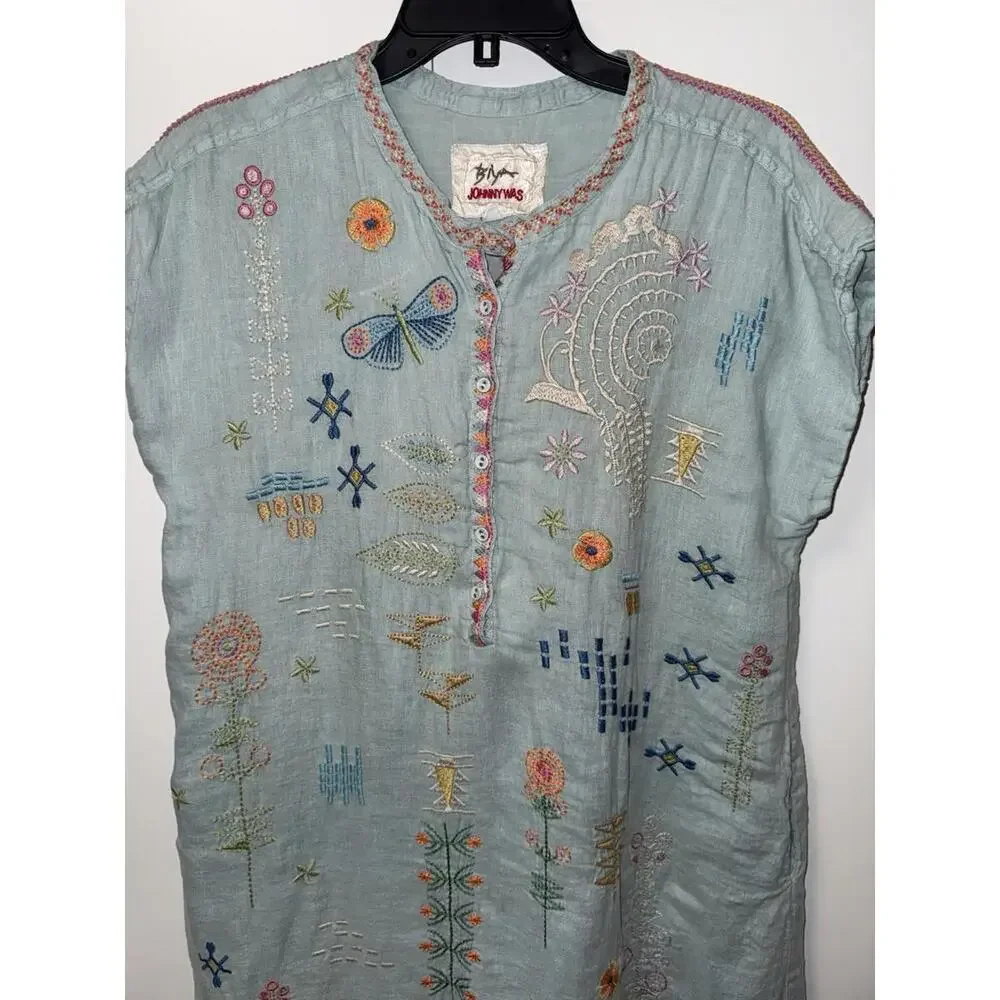 Johnny Was Biya Elektra Dress Embroidered Floral Linen Button Front Sz M Blue - Picture 2 of 11